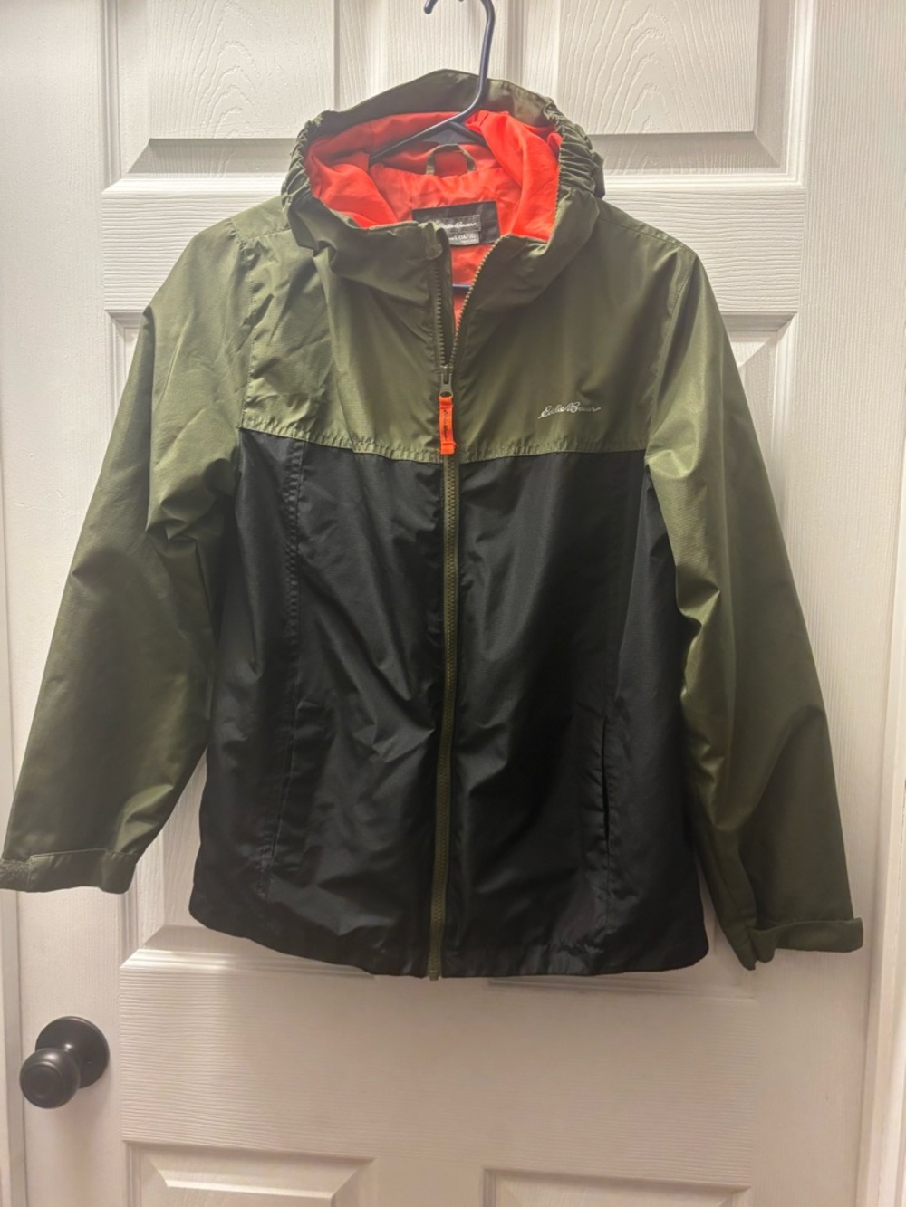 Eddie Bauer Olive Green & Black Hooded Jacket with Orange Lining